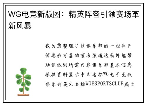 WG电竞新版图：精英阵容引领赛场革新风暴 